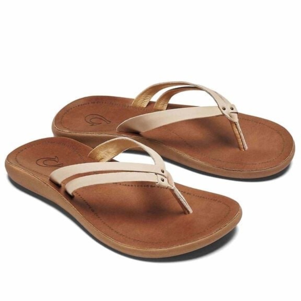 OluKai Kapehe Luana Sandals Leather Flip Flops Womens 7 Tapa/Sahara Thong